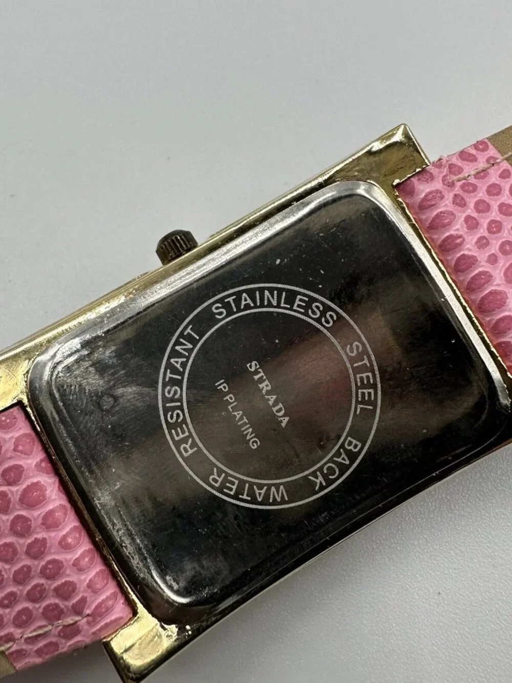 3/$30 Strada Watch Women Gold Tone Pink Faux Band Crystal Bling Bezel 9”